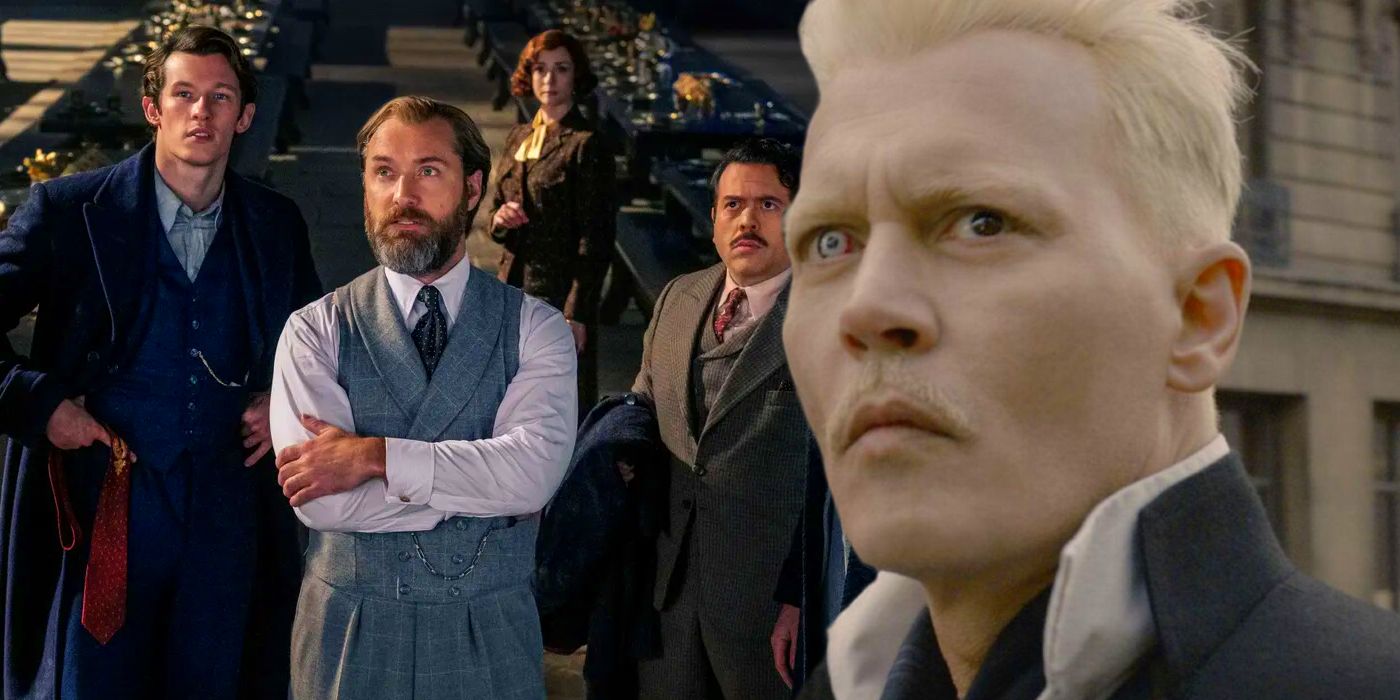 The cast of Fantastic Beasts Secrets of Dumble and Johnny Depp as Gellert Grindelwald