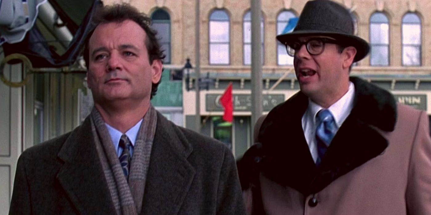 Bill Murray as Phil Connors and Stephen Toblowsky as Ned Ryerson in Groundhog Day