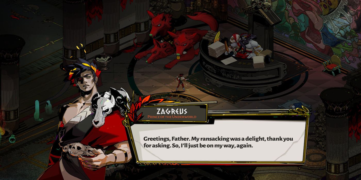 The main character, Zagreus, talking to his father, Hades, in the game Hades