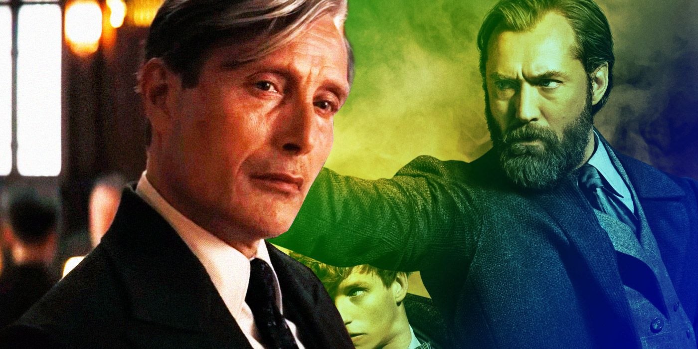 Jude Law and Mads Mikkelsen as Albus Dumbledore and Gellert Grindelwald in Fantastic Beasts: Secrets of Dumbledore. 