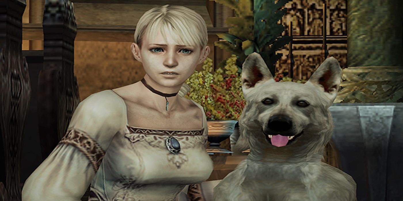 A screenshot of Fiona Belli and Hewie from the game Haunting Ground. 
