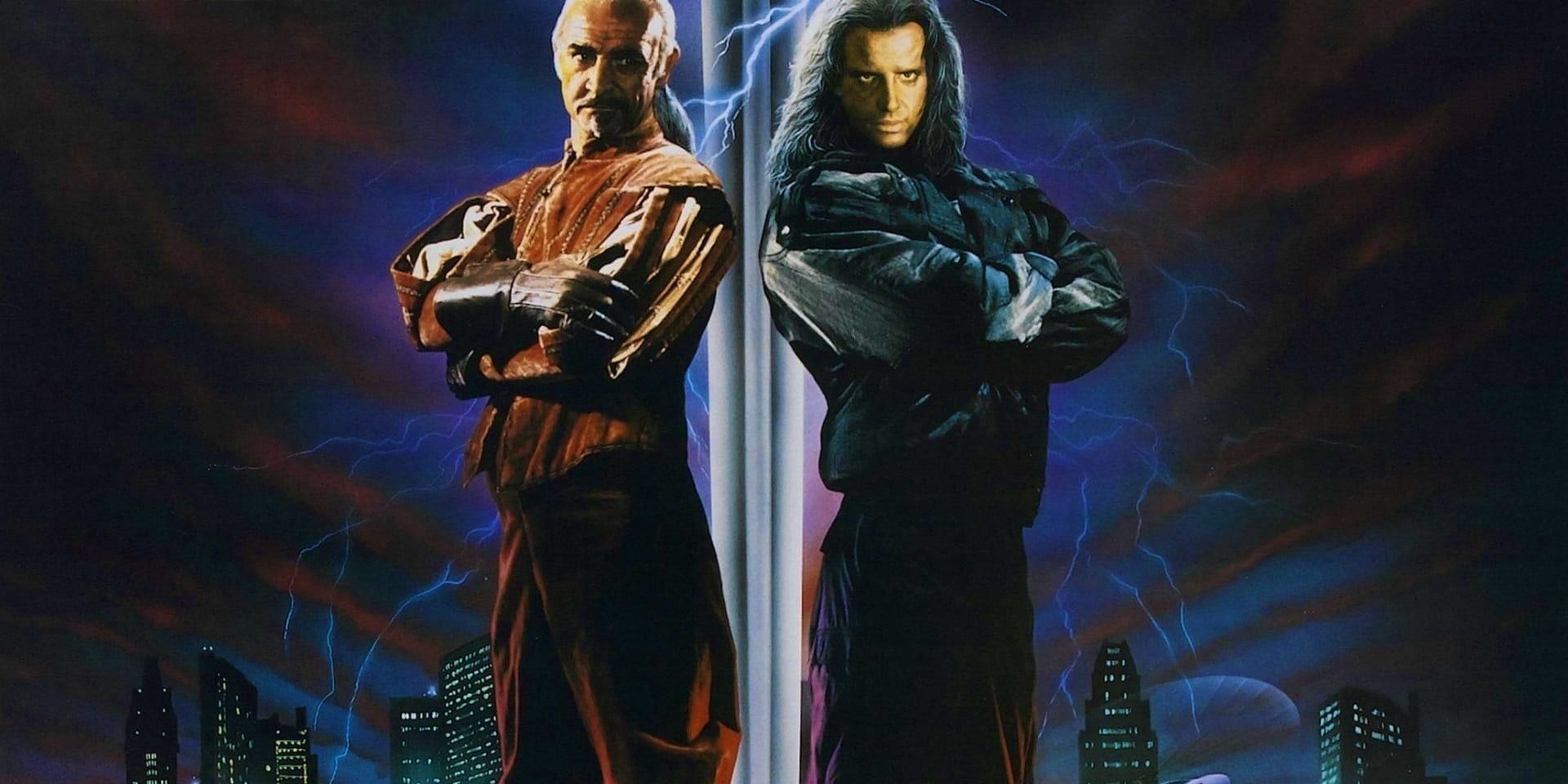 Uma imagem promocional de Highlander com Sean Connery e Christopher Lambert de costas um para o outro