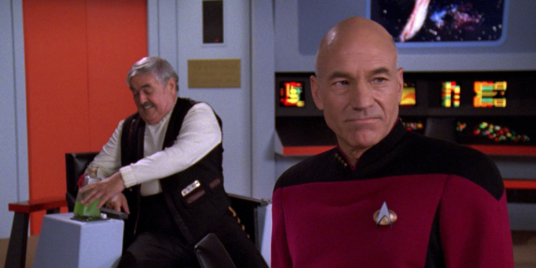 Scotty and Picard on the bridge of the original Enterprise