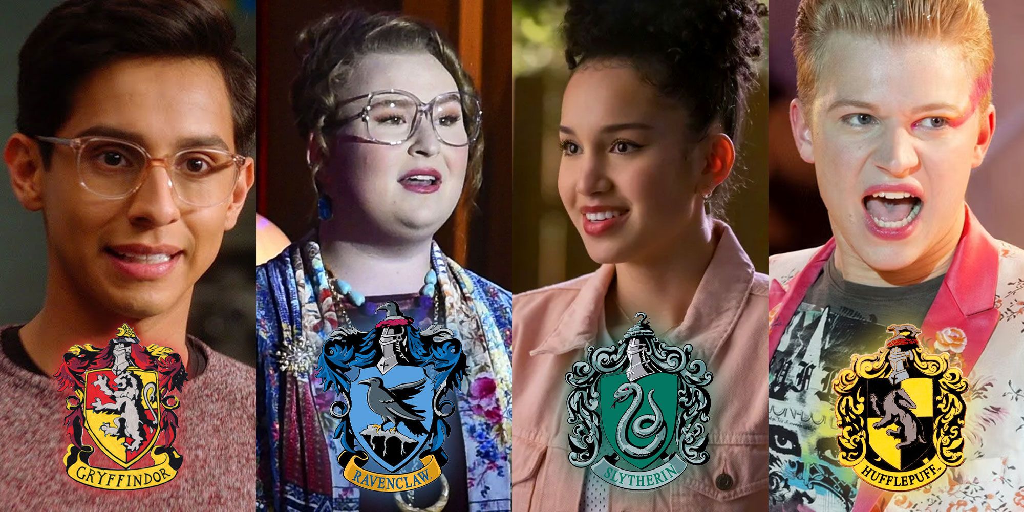 A split image features Carlos, Ashlyn, Gina, and Seb in High School Musical The Musical The Series with Hogwarts House crests overlaid