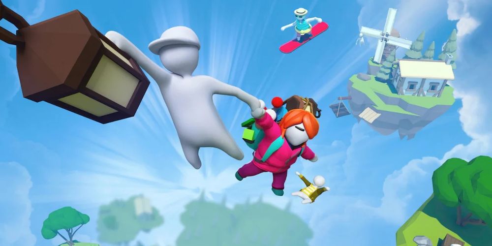 Characters float in the sky in Human: Fall Flat