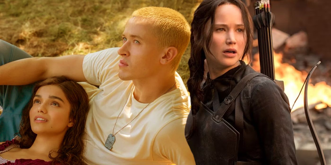 Rachel Zegler and Tom Blyth in The Ballad of Songbirds and Snakes and Jennifer Lawrence as Katniss Everdeen in The Hunger Games