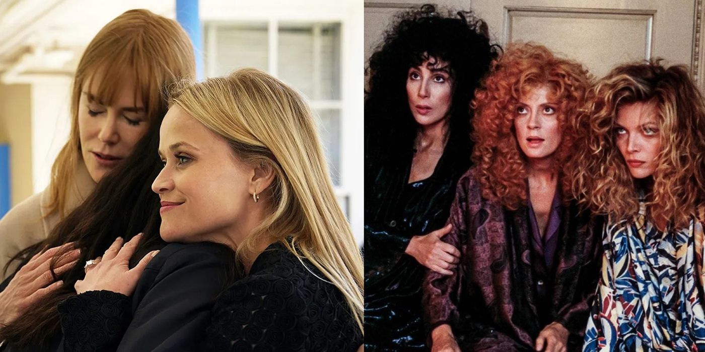 Celeste is embraced on Big Little Lies and the Witches kneel together in The Witches of Eastwick