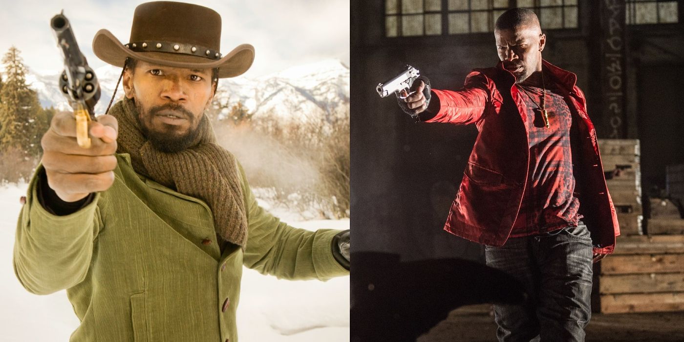 Django holds a gun in Django Unchained and Bats points a gun in Baby Driver