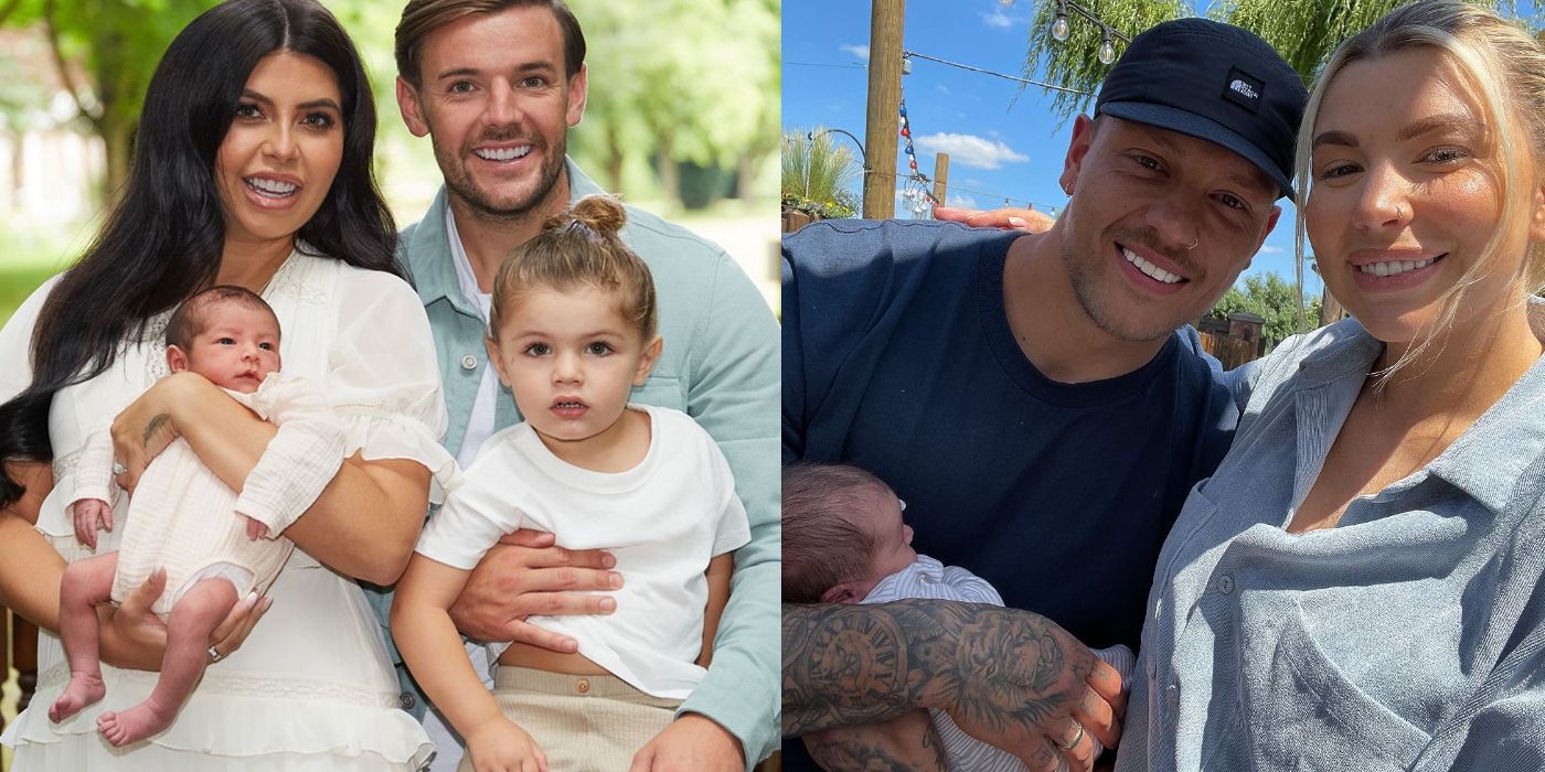 Love Island's Cara and Nathan hold their children and Alex and Olivia pose with their baby