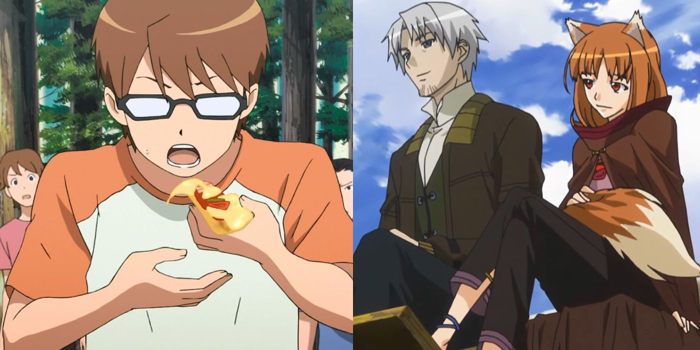 A student hold a slice of pizza and Kraft and Holo sit together outside on Spice and Wolf