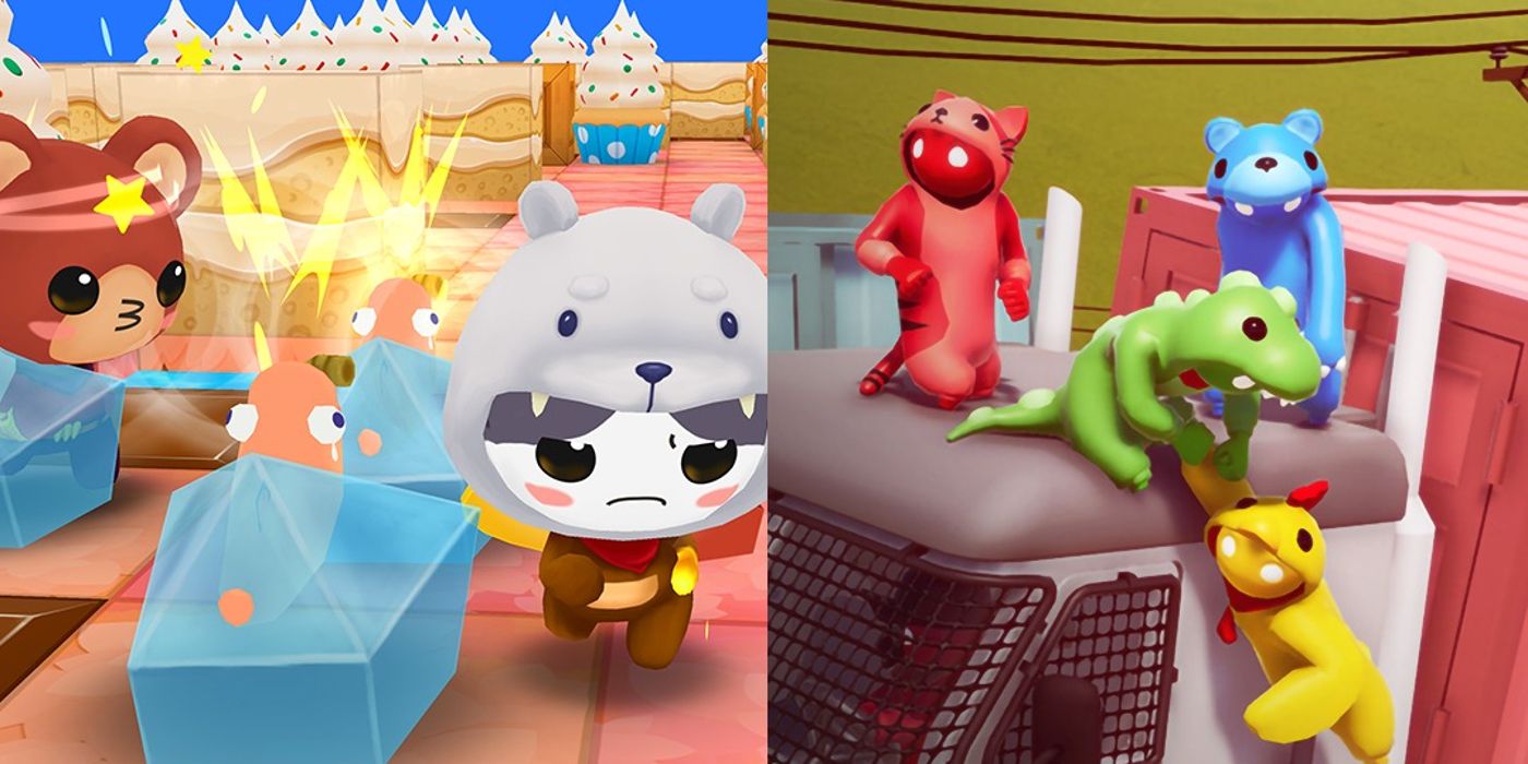 Grumpy runs by cupcakes in Bombergrounds and characters climb a truck in Gang Beasts