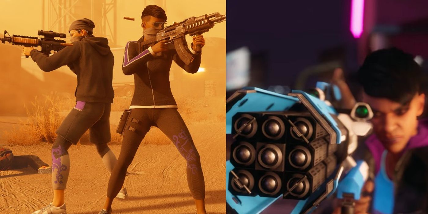 Players fire machine guns and a rocket launcher in Saints Row