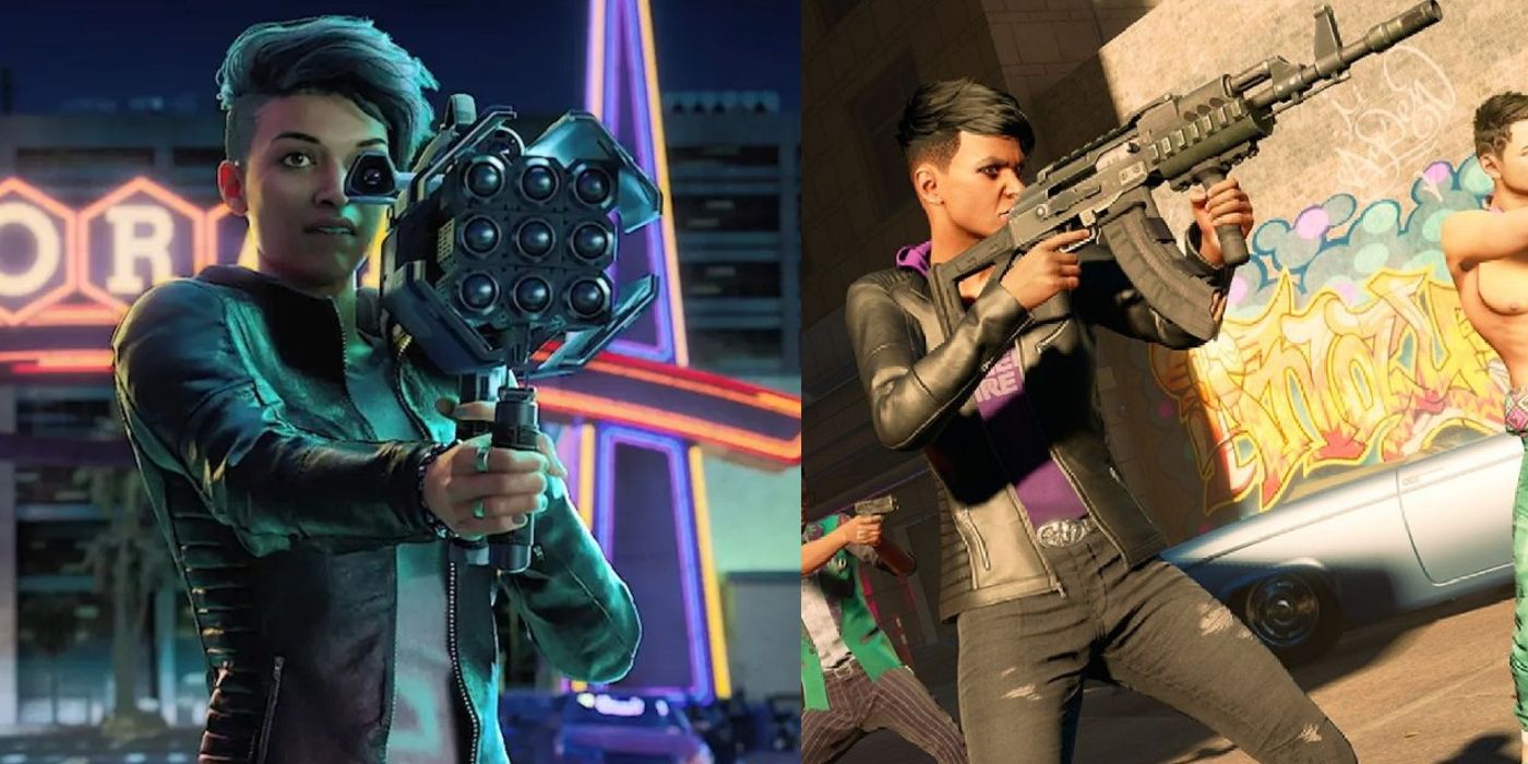 A player holds a Marshall Rocket Launcher and an AR-55 Burst Rifle in Saints Row