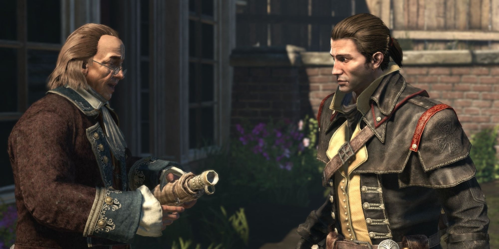 image of Benjamin Franklin talking with protagonist Shay Cormac in Assassins Creed Rogue