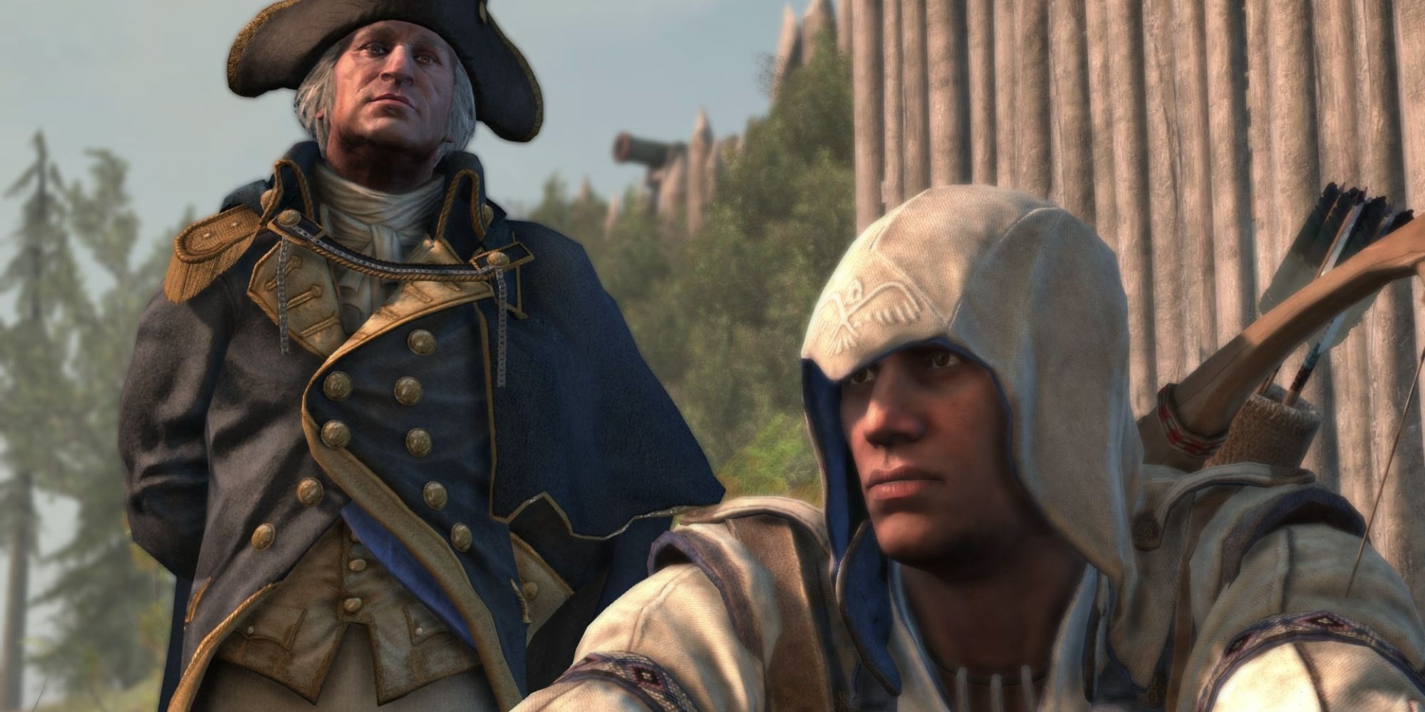 image of George Washington wearing a military uniform and Ratonhnhak ton in Assassins Creed III