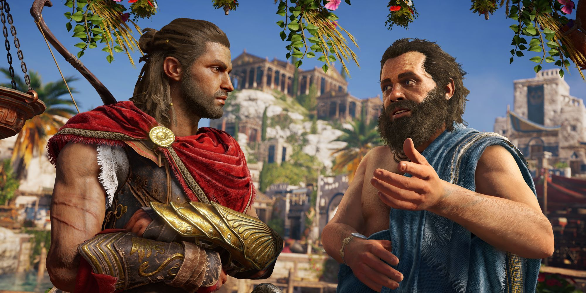 image of Socrates and Alexios talking in the video game Assassins Creed Odyssey