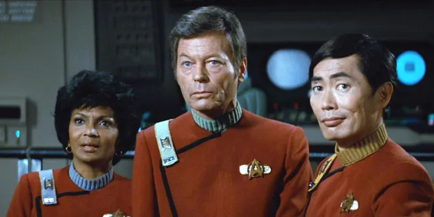 Image of Uhura, McCoy and Sulu in the Kobayashi Maru simulator
