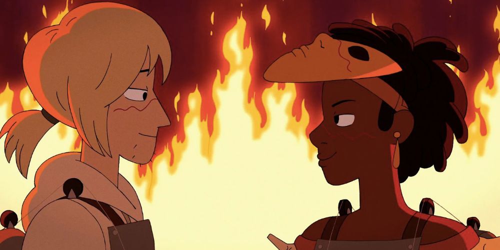 Two characters stare at each other in profile before a fire on Infinity Train