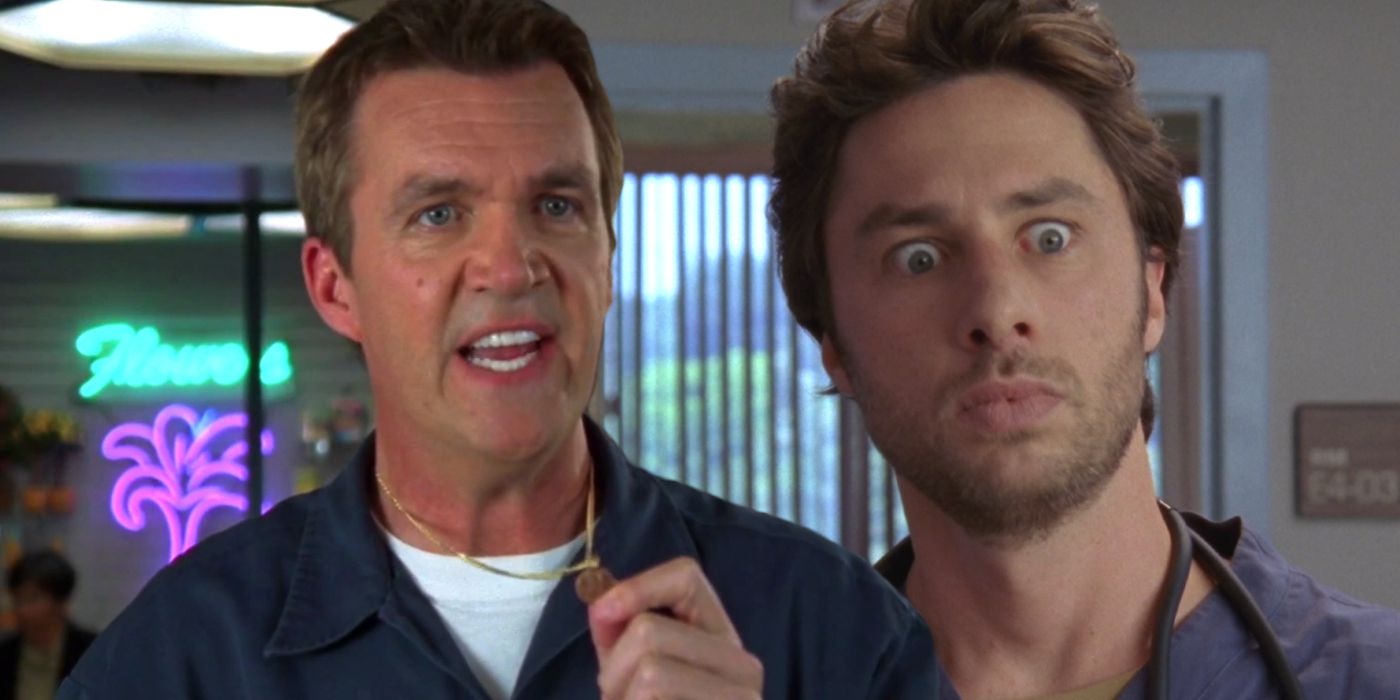 Neil Flynn as the Janitor holding a penny and Zach Braff as JD in Scrubs