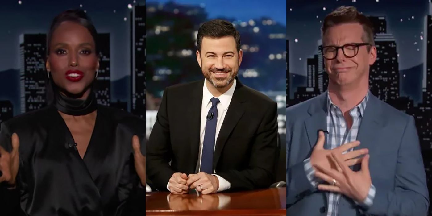 split image with Jimmy Kimmel at his desk in the centre and Kerry Washington and Sean Hayes guest hosting on either side.