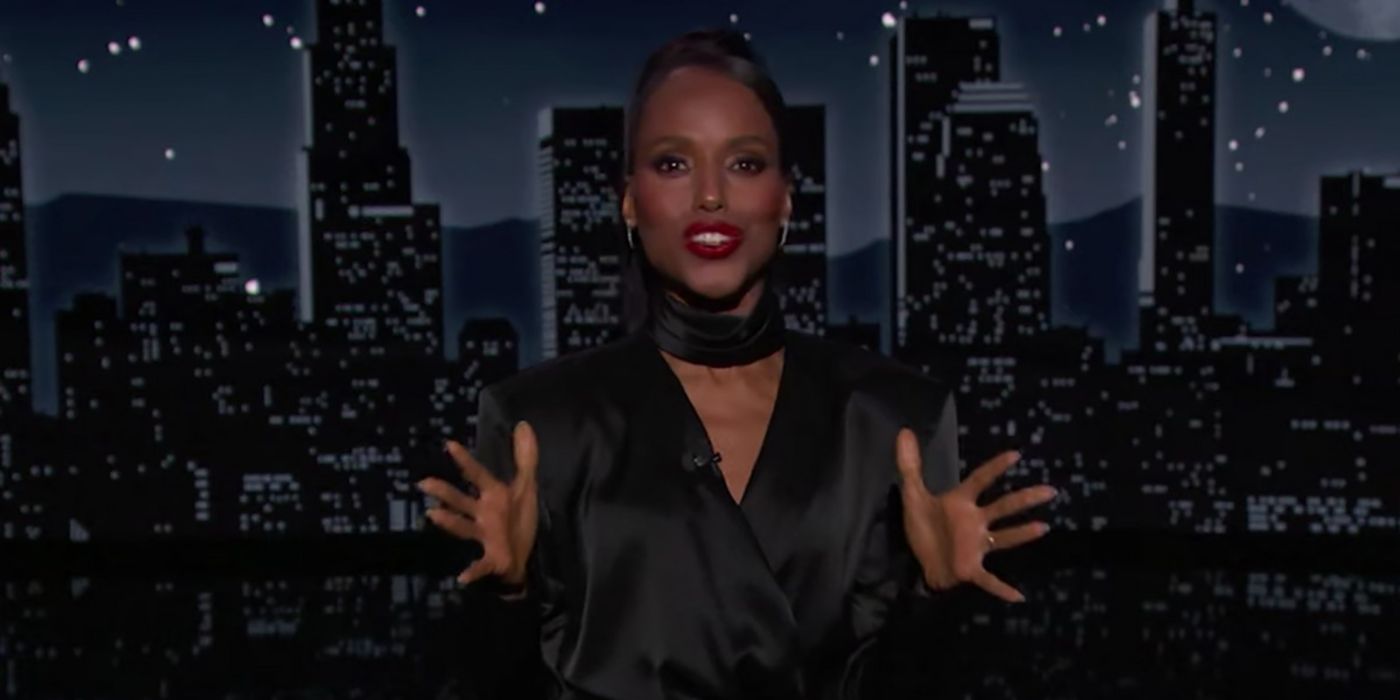 Kerry Washington with her hands out during a monologue while hosting Jimmy Kimmel Live!