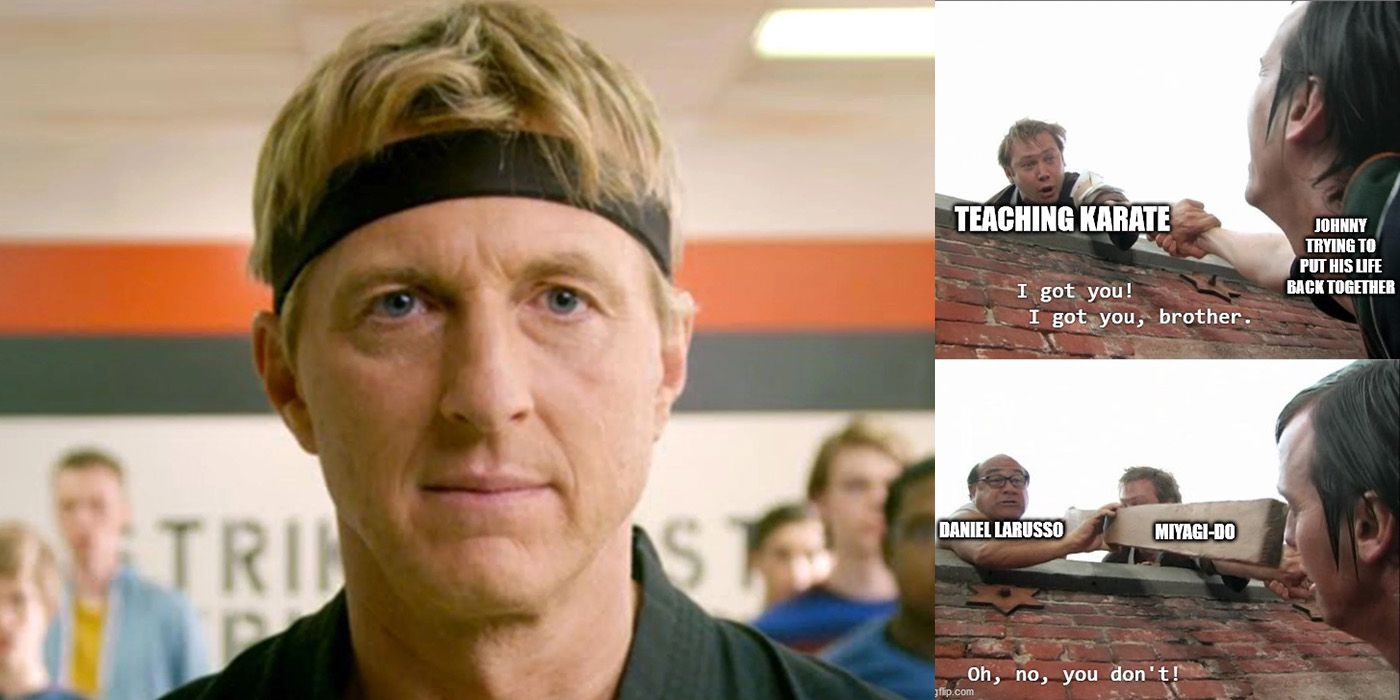 Split image of Johnny Lawrence in Cobra Kai and a meme about Johnny Lawrence.