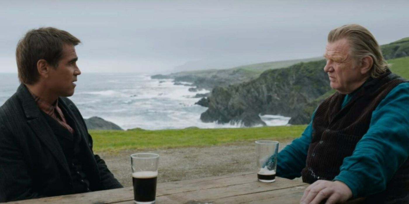 Colin Farrell and Brendan Gleeson drinks beer overlooking the sea in The Banshees Of Inisherin