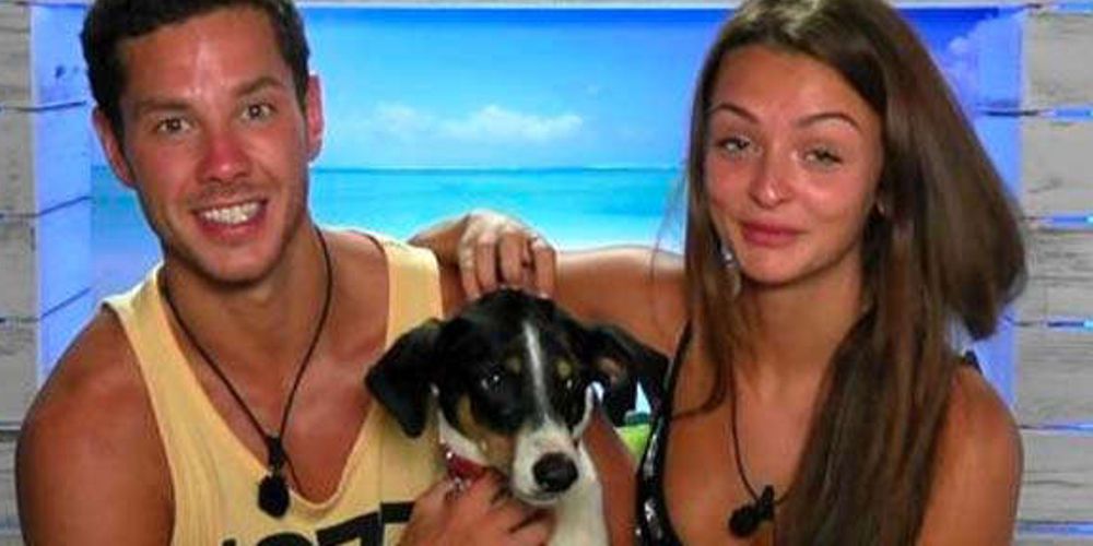 Scott and Kady pose with a dog on Love Island