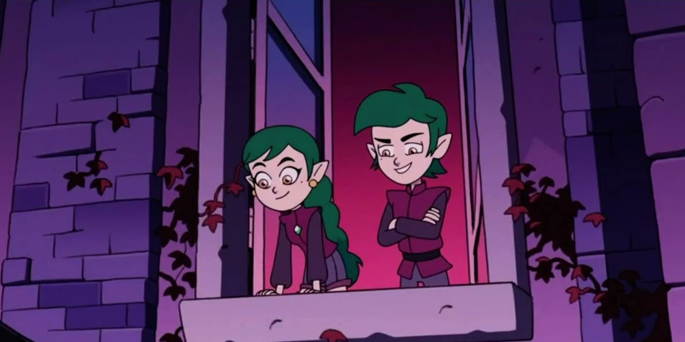 Image of Emira and Edric looking down from the balcony in The Owl House.