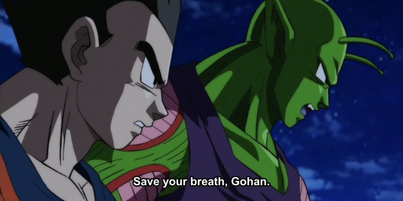 Gohan e Piccolo prestes a lutar contra Goku e Tenshinhan em Dragon Ball Super.