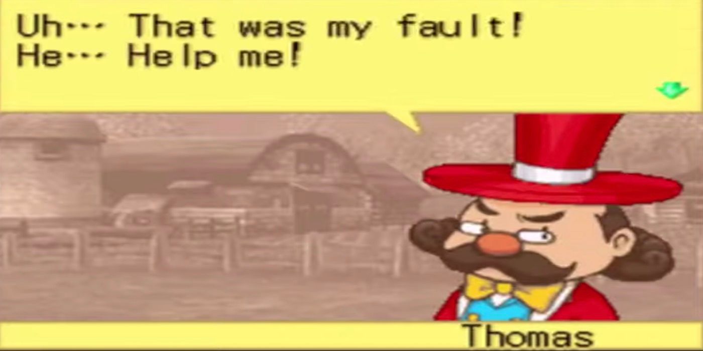 Mayor Thomas getting attacked by the player's dog in the game Harvest Moon DS