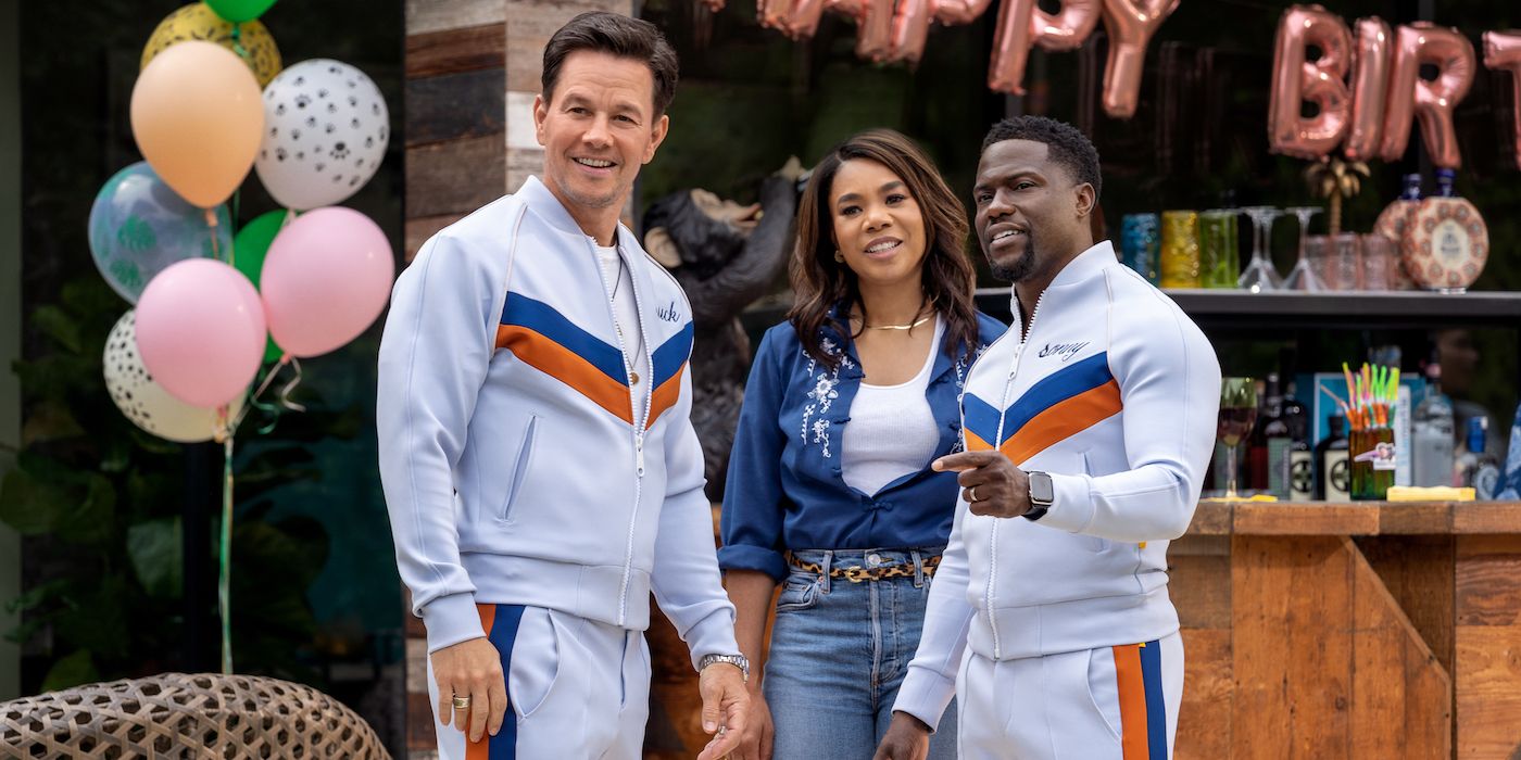 Mark Wahlberg, Kevin Hart, and Regina hall in Me Time.