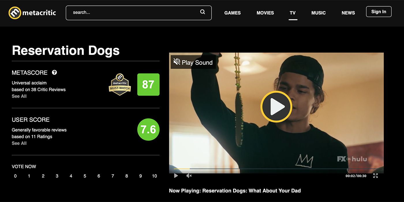 A search result on the site Metacritic showing details for the TV show Reservation Dogs.