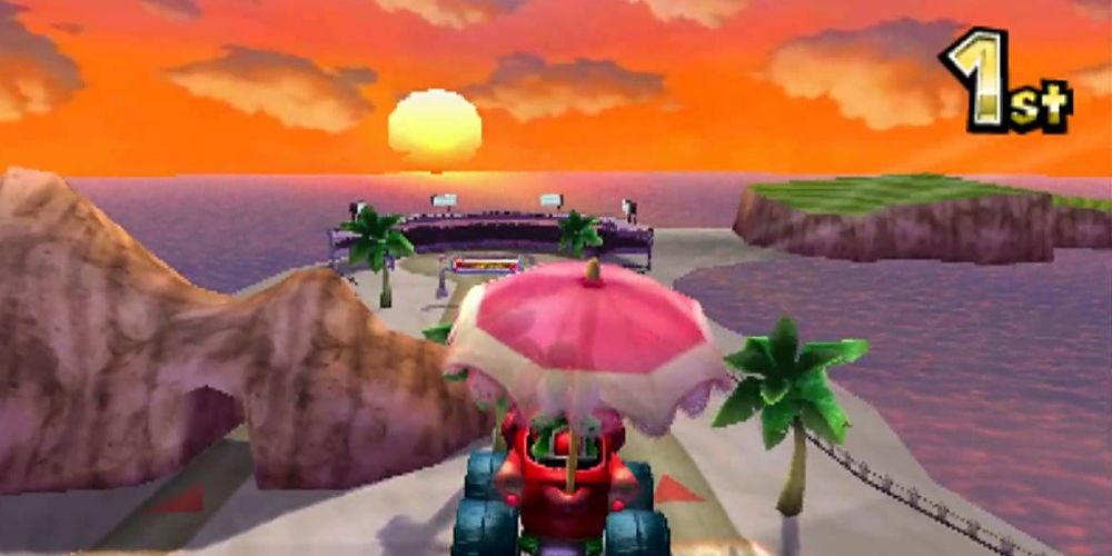 Toadette flies over Maka Wuhu in Mario Kart 7