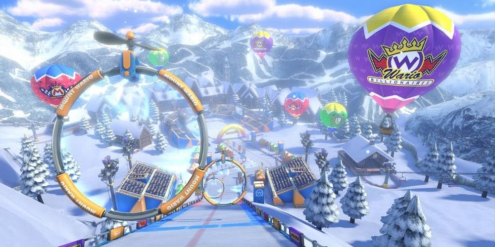 A downhill view of Mount Wario in Mario Kart 8