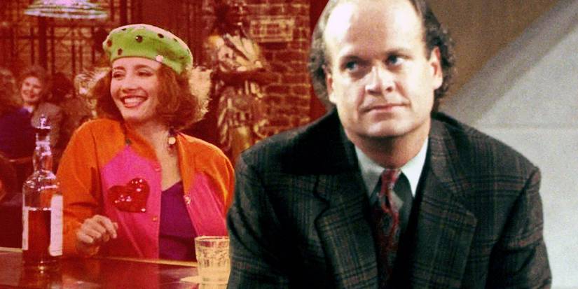 Emma Thompson as Nanette Guzman and Kelsey Grammer as Frasier Crane in Cheers.