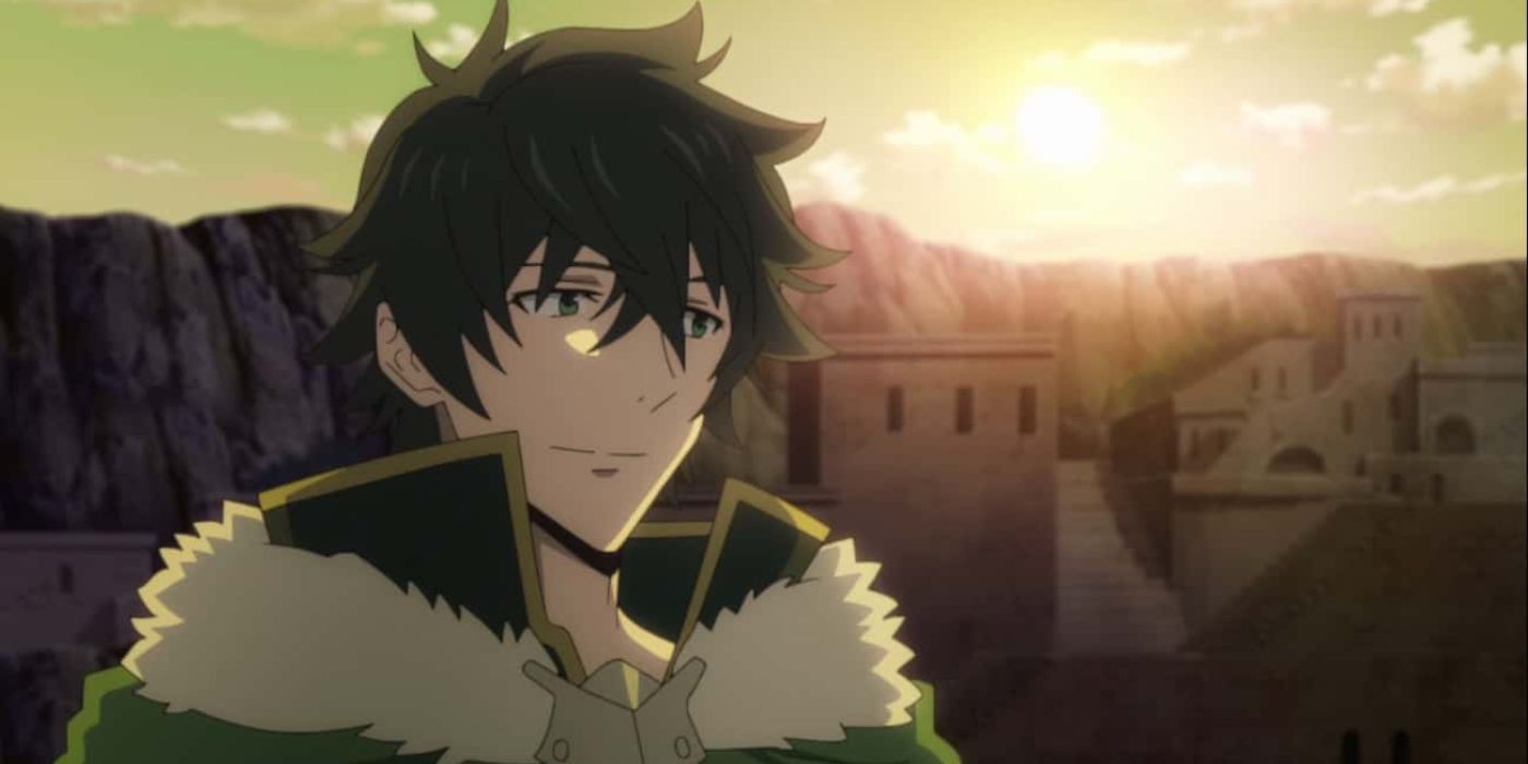 Naofumi Itawani smiling standing under the sunset with a city on the background in the show The Rising Of The Shield Hero.