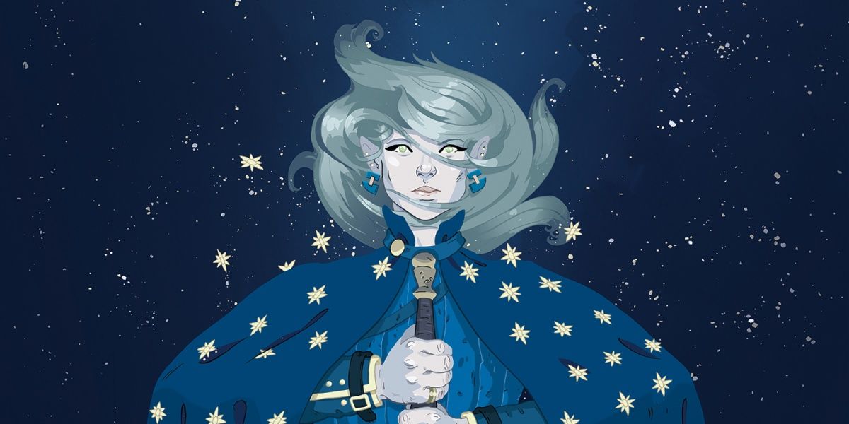 Cropped Grey Haired Woman With Sword In On Starry Sky
