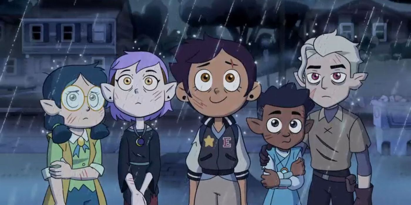 Imagem de Willow, Amity, Luz, Gus e Hunter arranhados e em pé na chuva