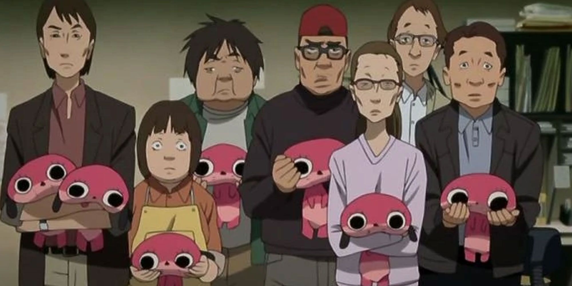 A group of characters holding pink toys and looking confused in the anime Paranoia Agent
