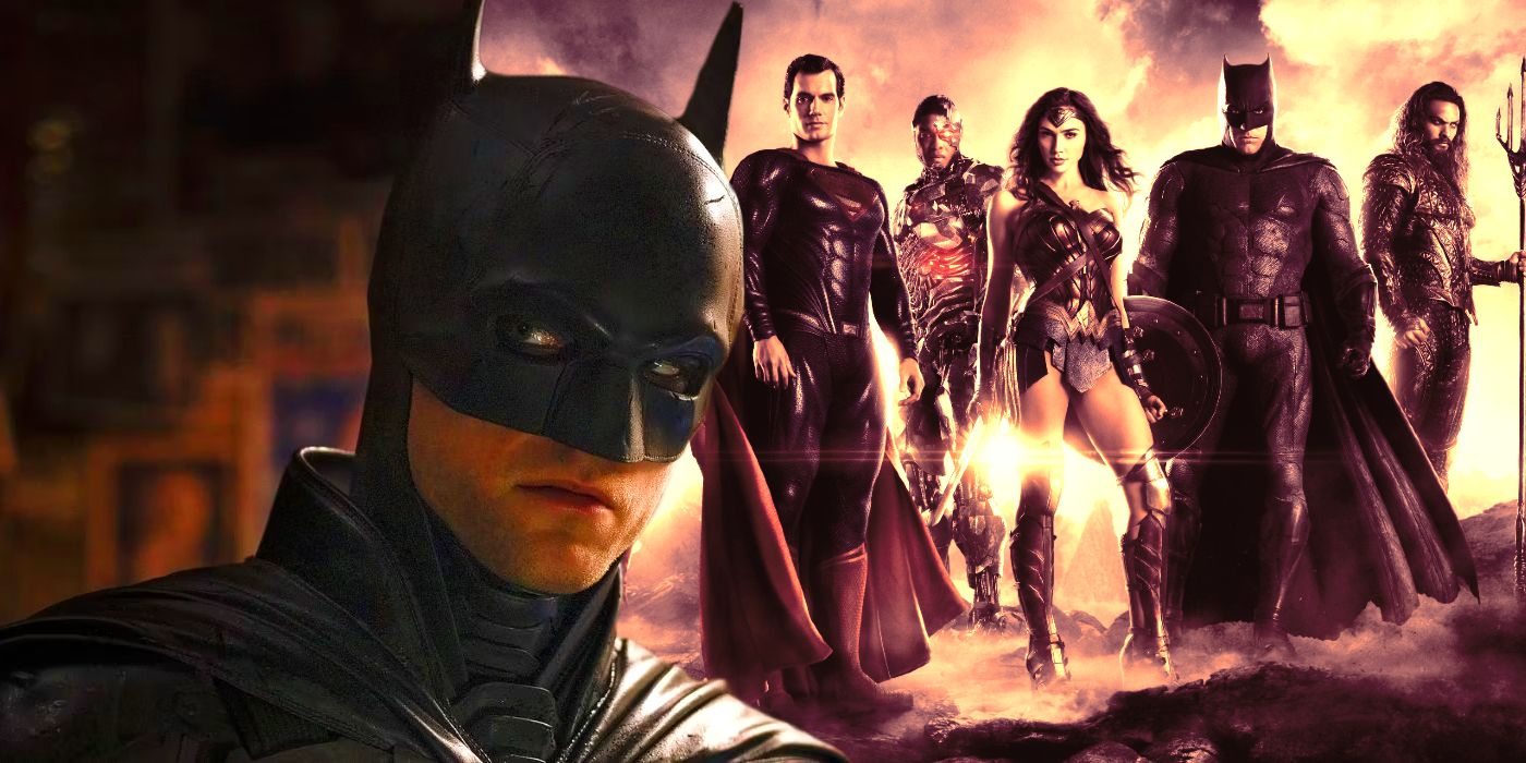 Robert Pattinson como Batman em The Batman e o elenco da Liga da Justiça do DCEU