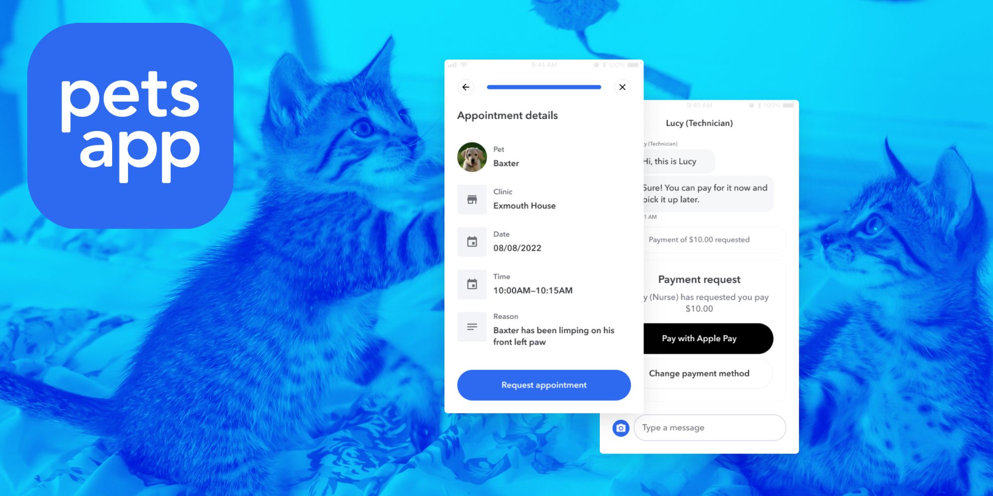 he photo shows two kittens playing. Details about the PetsApp are imposed on the photo.