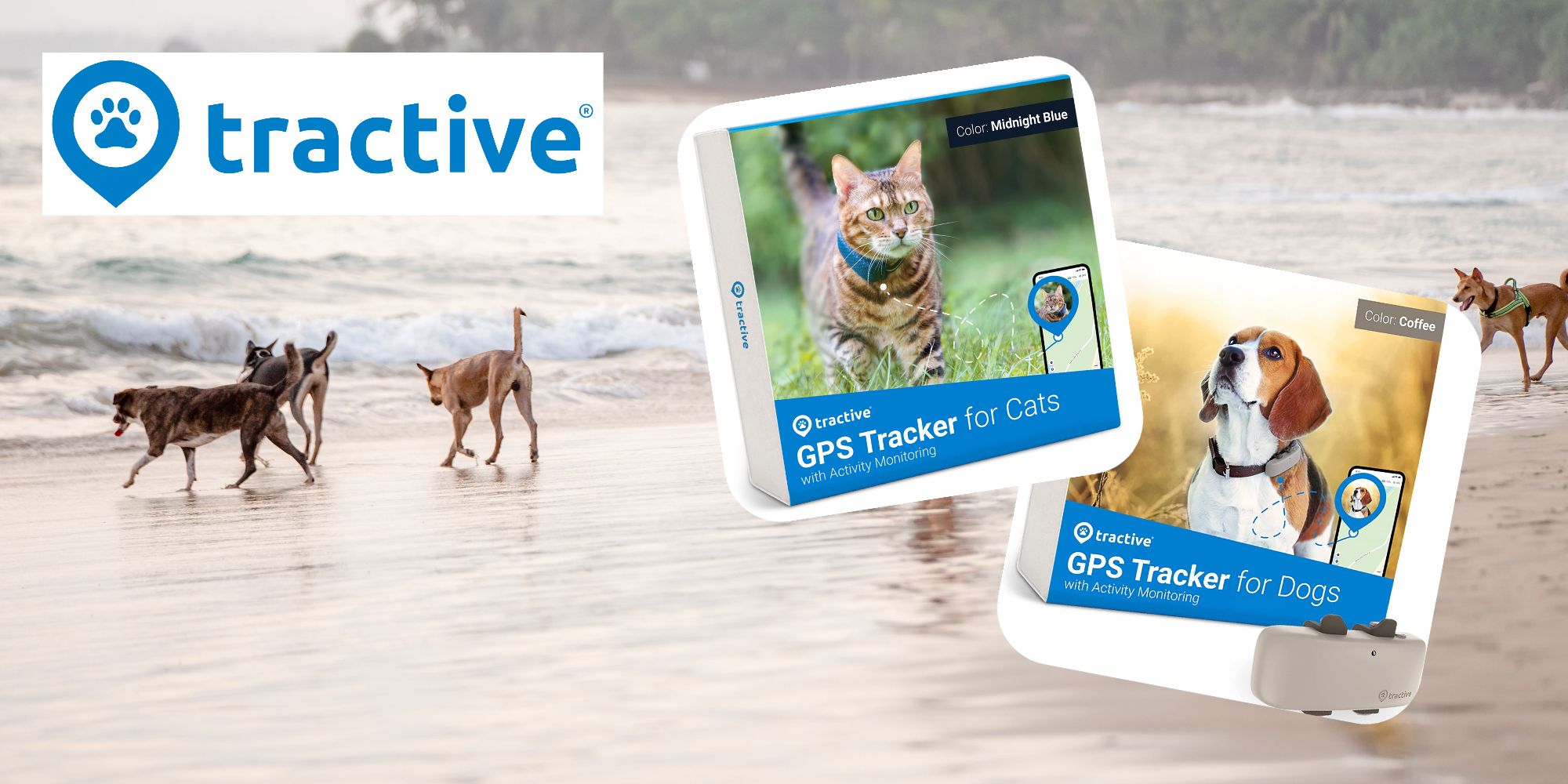 Uma imagem de cães correndo na praia.  Sobre a foto é exibido o logotipo da Tractive e duas imagens do dispositivo de rastreamento para cães e gatos. 