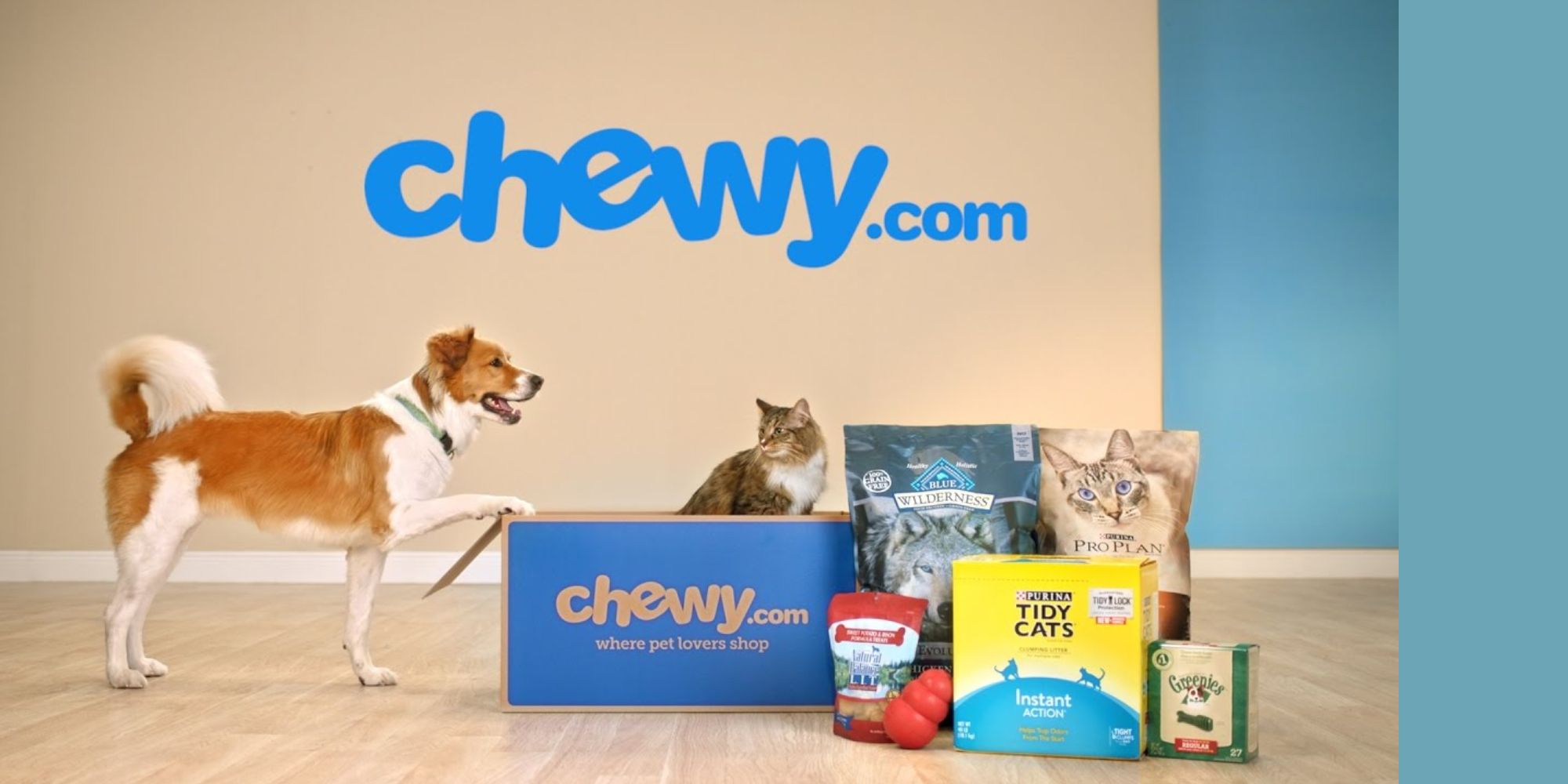 Um  anúncio para Chewy.com.  Um gato e um cachorro posam ao lado de suprimentos para animais de estimação, areia para pés e gatos.  Uma caixa de transporte diz: 