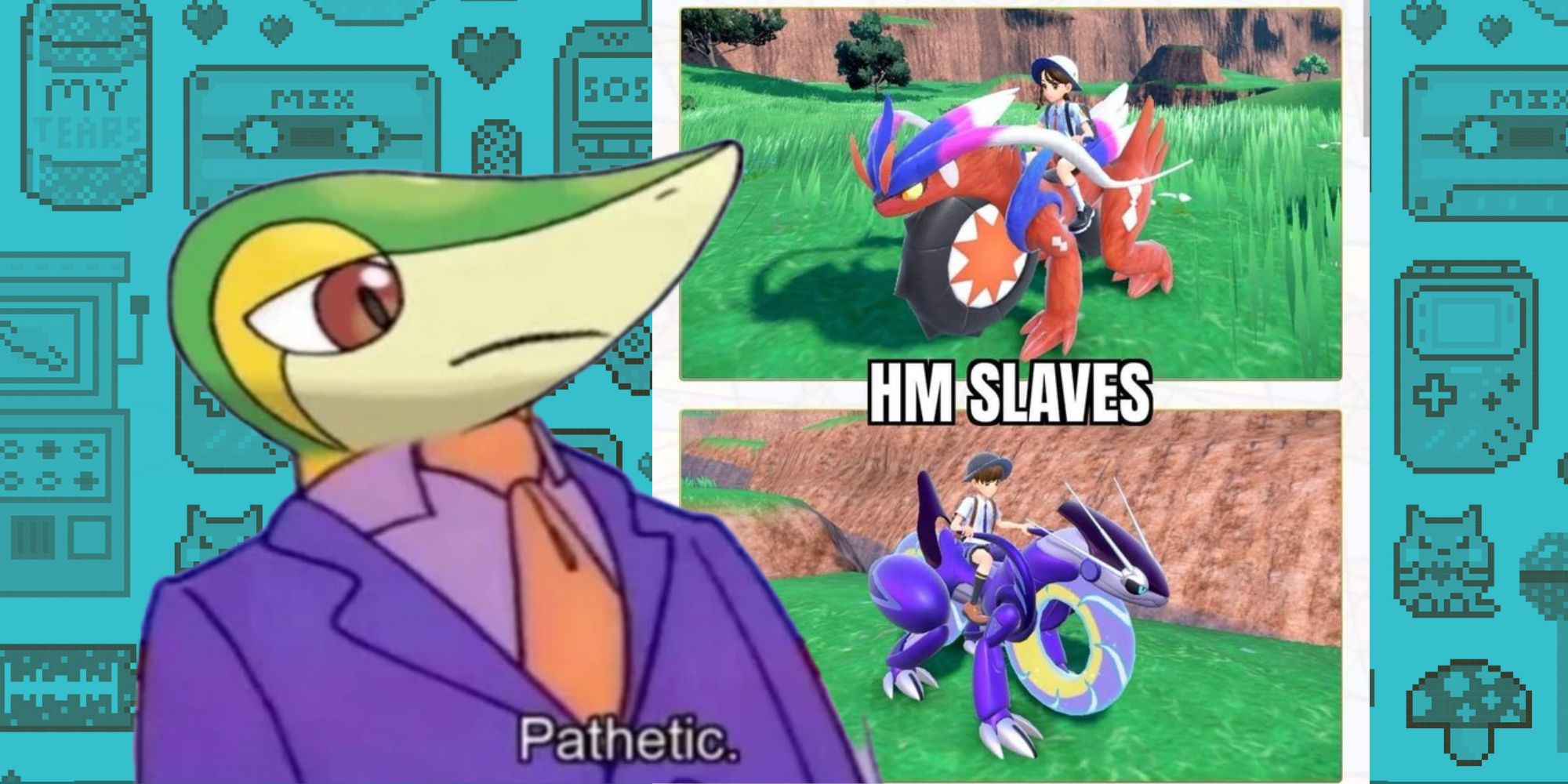 The Pokémon Snivy wears a purple suit and gazes downward, with the text, 