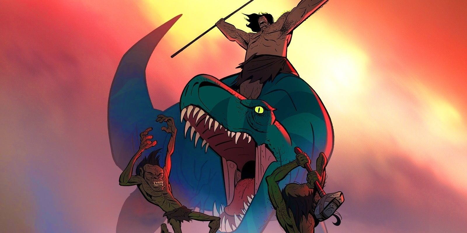 Spear riding atop his T. Rex named Fang as they fight a pair of hominids.