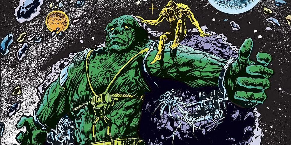 The Promethean Giants float in space in a DC comic