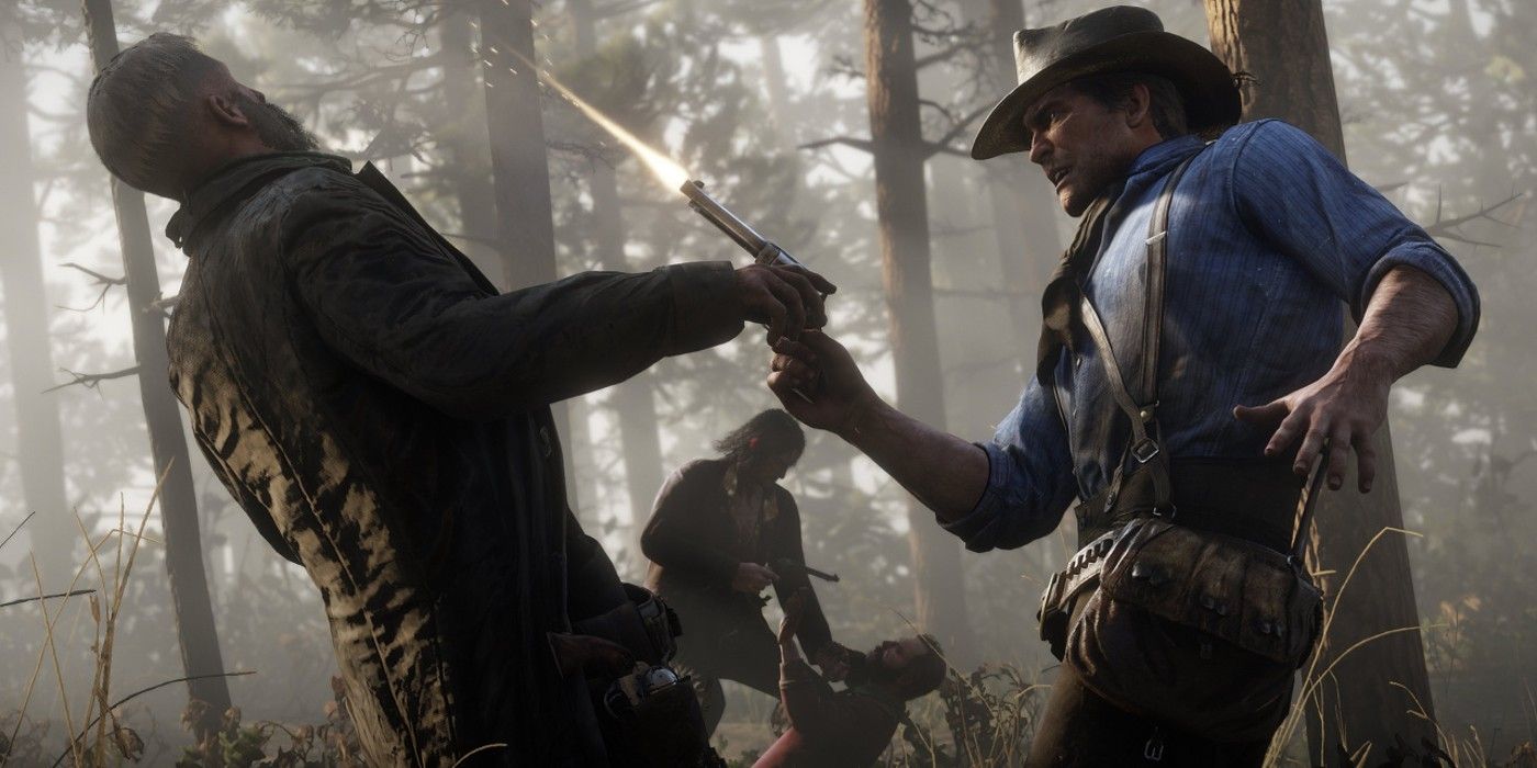 Arthur Morgan atira em um homem em Red Dead Redemption 2.