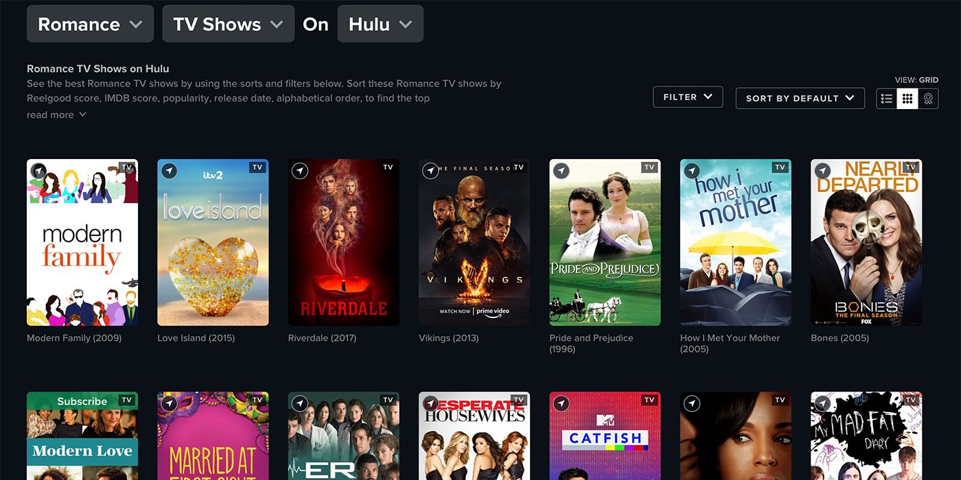 A screenshot of the Reelgood website showing a search for romance TV shows on Hulu.