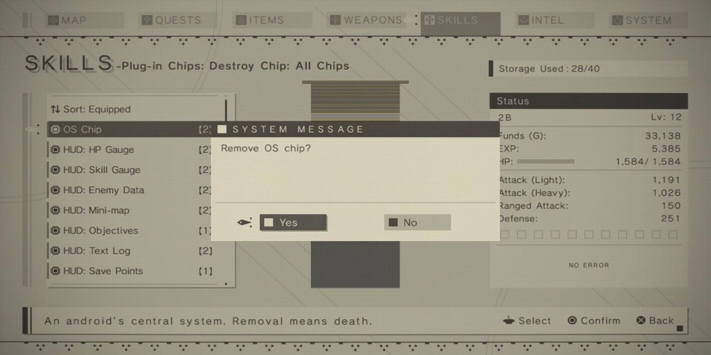 A screenshot of the player removing 2B's OS Chip in the game Nier: Automata